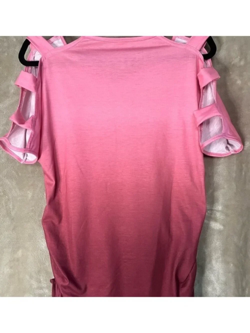 Women's V Neck Tunic Open Cutout Shoulder Shirt Ruched Side Seam Mauve Rose Pink - Picture 13 of 16